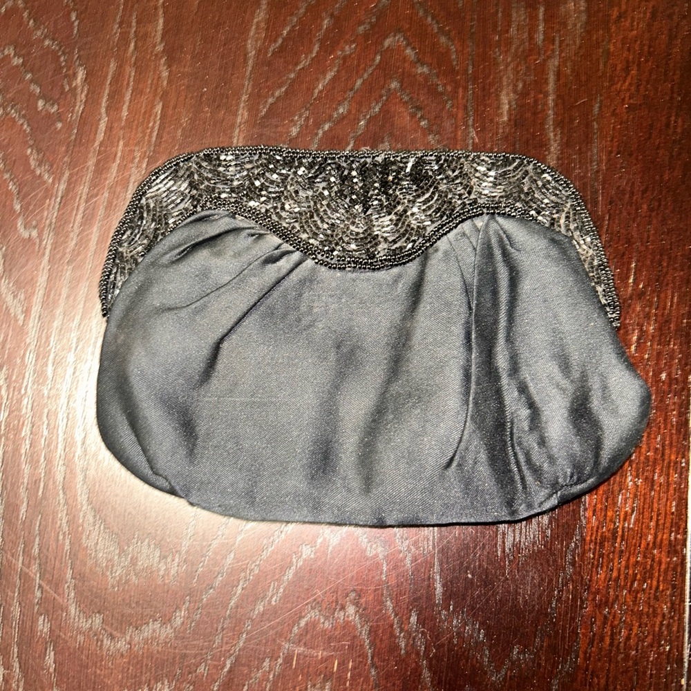 Vintage Genie Evening Bag Purse Clutch Black Satin Beaded Art Deco Made In China